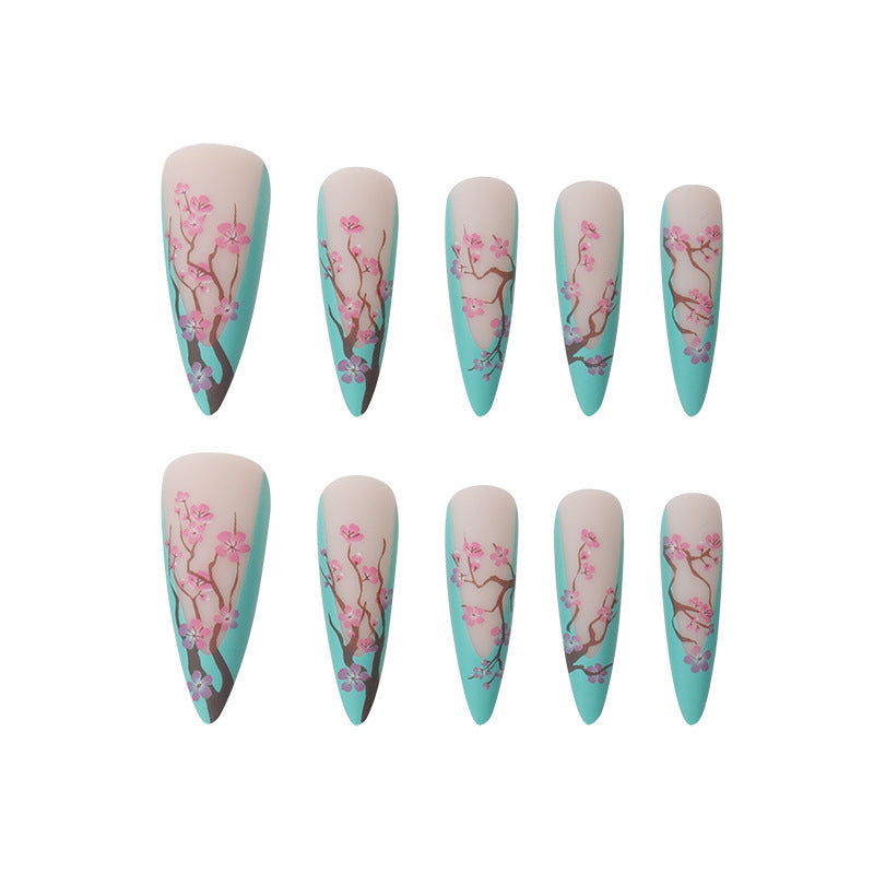 Long Pointed Nails with Plum Blossom Design