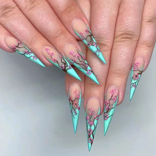 Long Pointed Nails with Plum Blossom Design