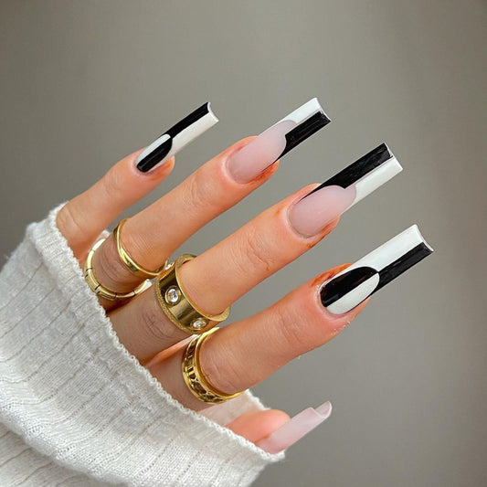 Simple Black And White Color Matching Long Nails