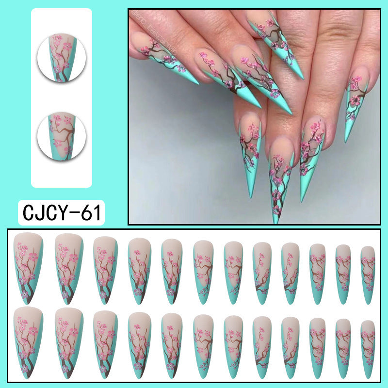 Long Pointed Nails with Plum Blossom Design